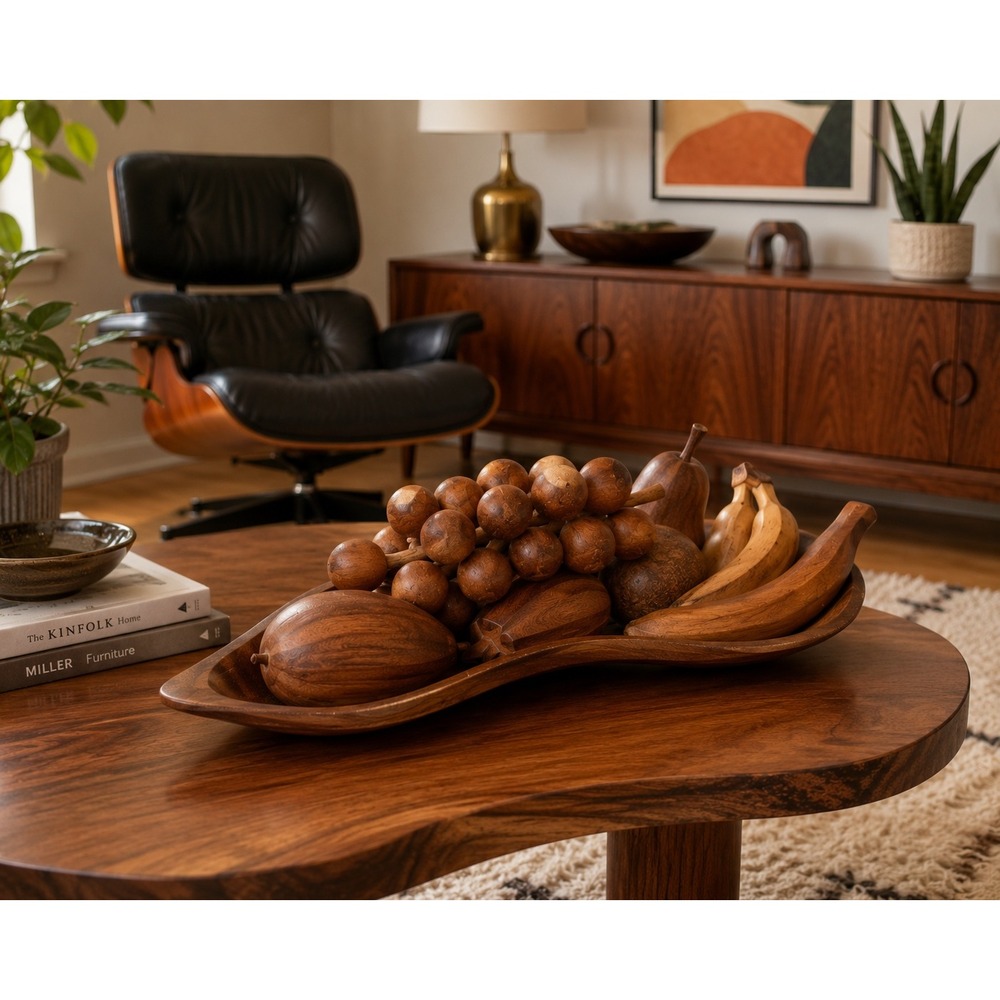 Vintage Monkey Pod Wood Fruit Set Hand Carved MCM Tray 10 Piece Centerpiece